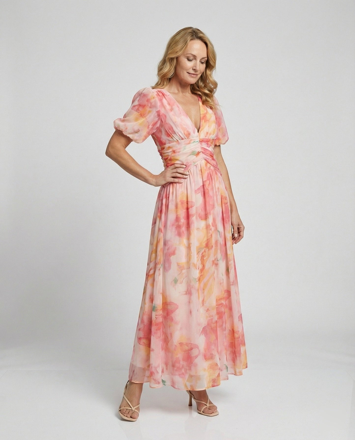Damen Wickelkleid Lang mit Puffärmeln Maxikleid - Norvielle