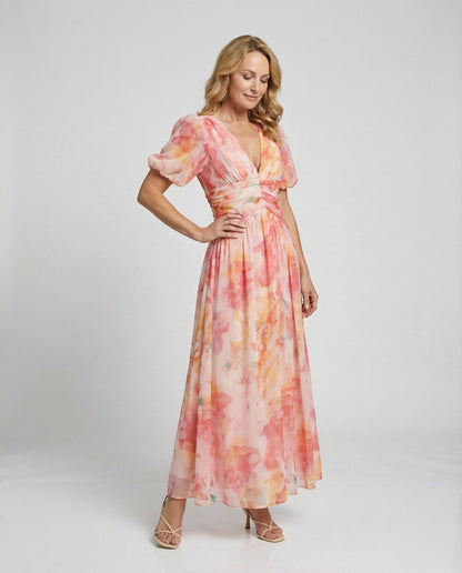 Damen Wickelkleid Lang mit Puffärmeln Maxikleid - Norvielle