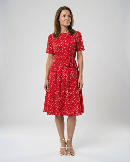 Damen Midi-Kleid mit Punkten und Taillengürtel Elegant