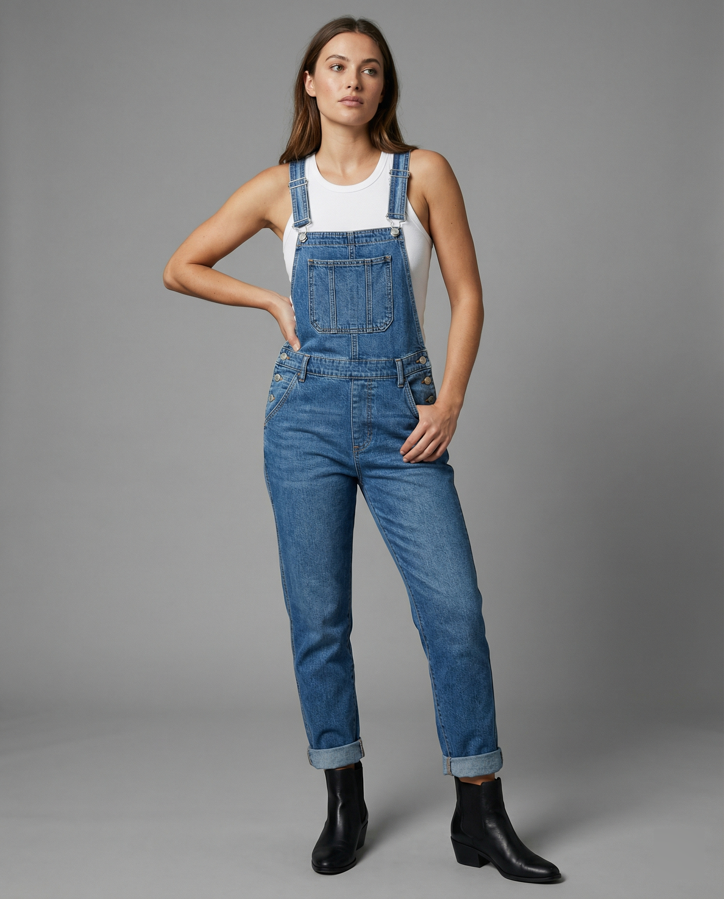 Damen Oversized Latzhose Jeans mit tiefen Taschen - Norvielle