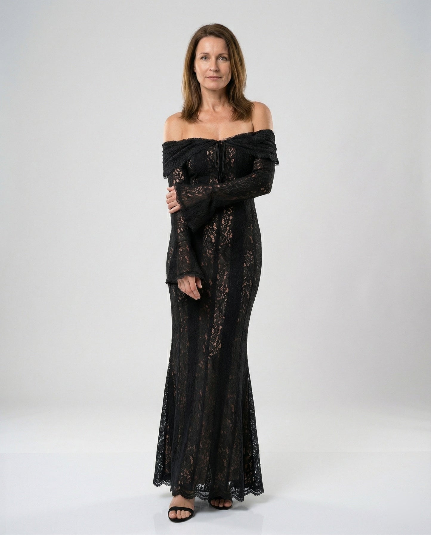 Elegantes Damen Abendkleid Langarm Spitze Off-Shoulder