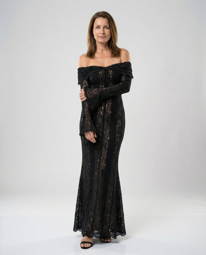 Elegantes Damen Abendkleid Langarm Spitze Off-Shoulder