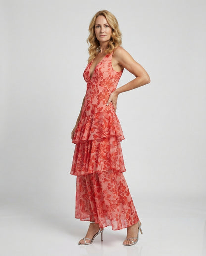 Damen Maxikleid mit Rüschen und tiefem Dekolleté