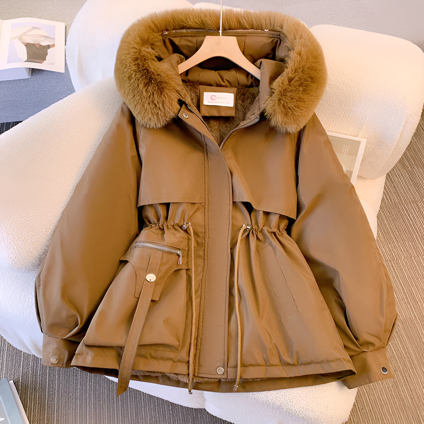 Damen Winterparka Warm mit Kunstfell-Kapuze