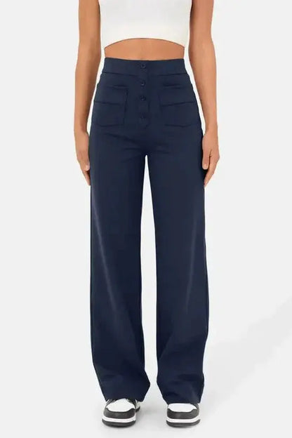 Damen Hochtaillierte Hose Mit Vorne Taschen Schwarz - Norvielle