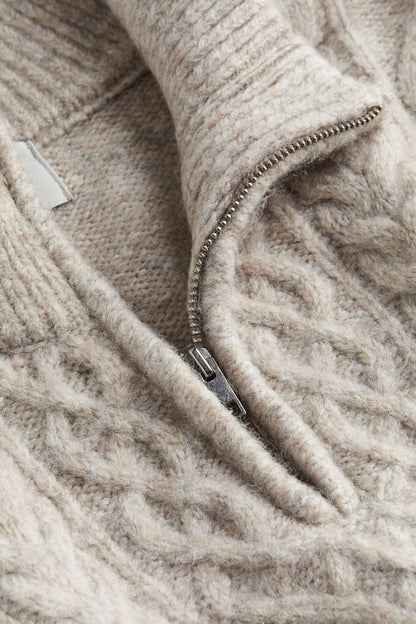 Strickpullover Damen Zopfmuster Warm Halbreißverschluss Stilvoll