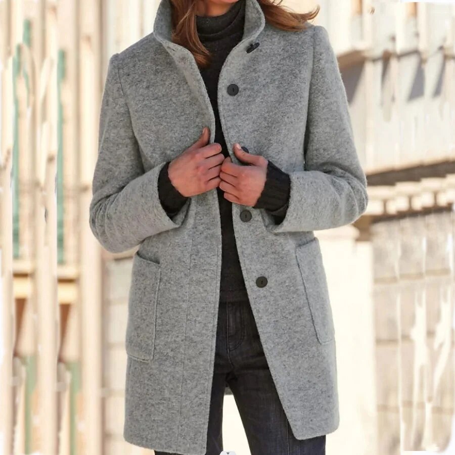 Damen Wollmantel Grau Warm mit Taschen und Hochkragen - Norvielle
