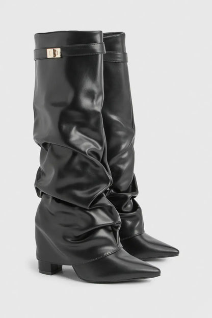 Damen Faltstiefel Niedriger Absatz Spitze Zehen