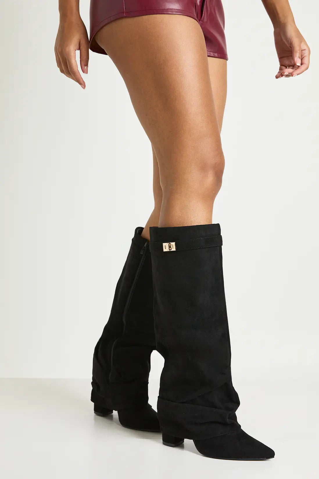 Damen Faltstiefel Niedriger Absatz Spitze Zehen