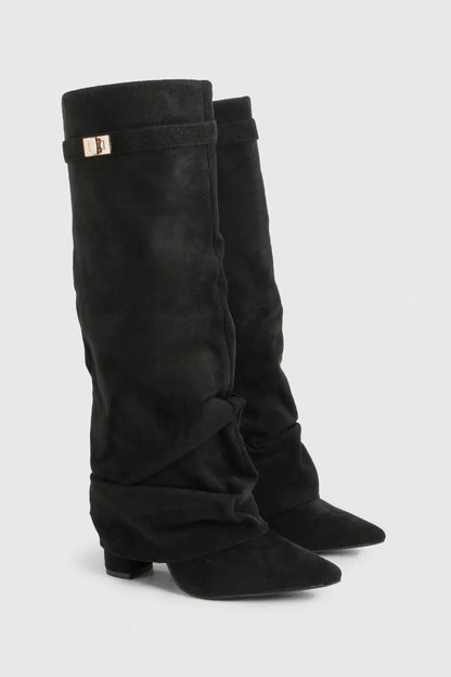 Damen Faltstiefel Niedriger Absatz Spitze Zehen