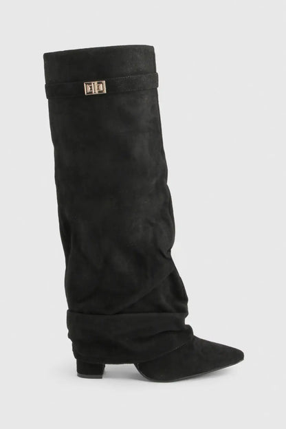 Damen Faltstiefel Niedriger Absatz Spitze Zehen