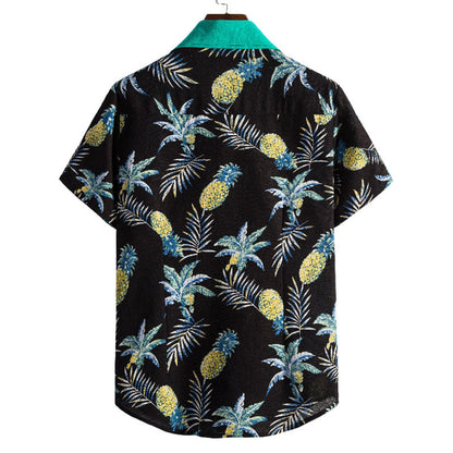 Herren Kurzarmhemd Ananas-Motiv Baumwolle Sommer