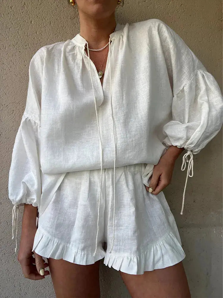 Leichtes Damen Leinenset Sommerbluse Rüschen Ballonärmel - Norvielle