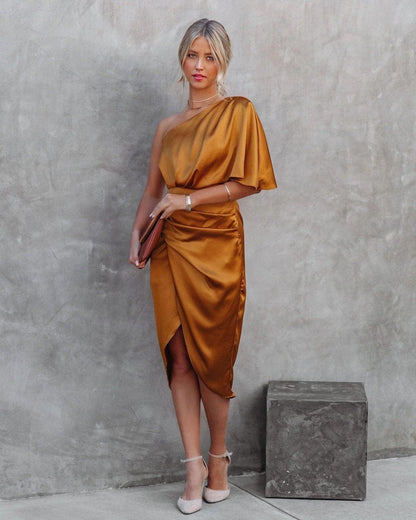 Elegantes Damen Abendkleid Satin One-Shoulder mit Drapierung