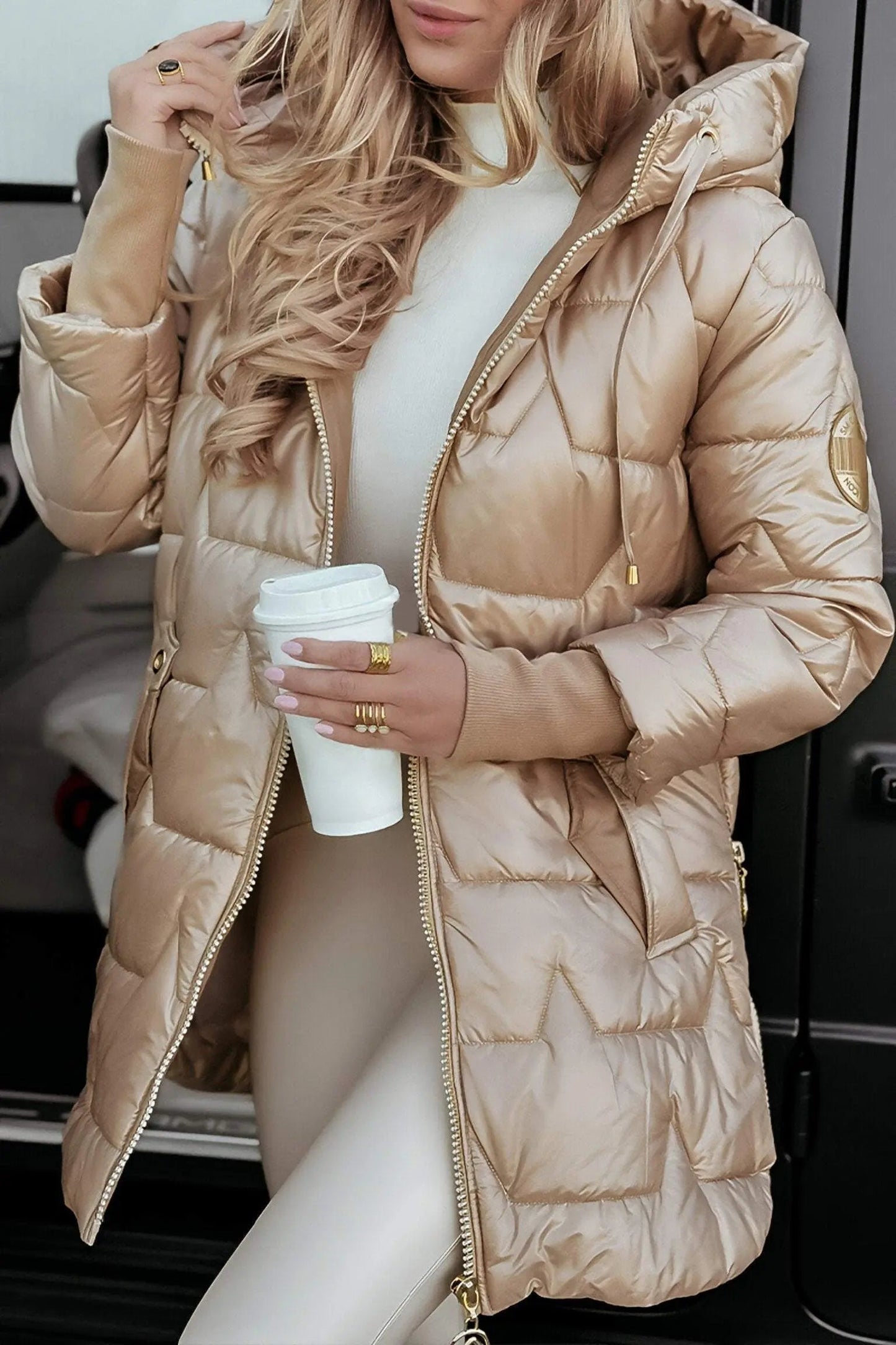 Damen Pufferjacke Warm Kapuze Schwarz - Norvielle