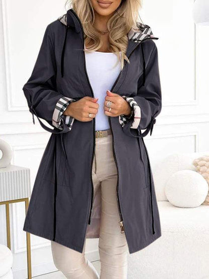 Damen Trenchcoat Karo Mit Kapuze