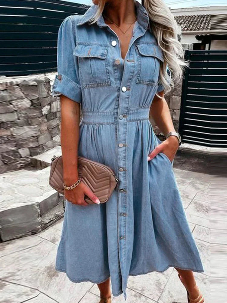 Damen Denim Cardigan Kleid Blau Mit Knöpfen