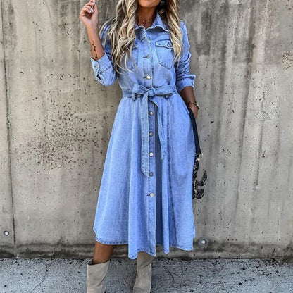 Damen Denim Cardigan Kleid Blau Mit Knöpfen - Norvielle