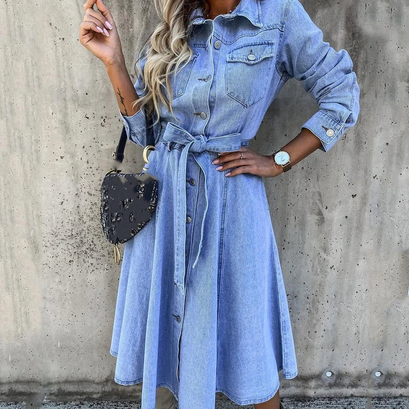 Damen Denim Cardigan Kleid Blau Mit Knöpfen