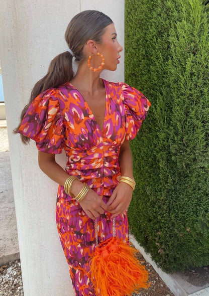 Damen Sommerkleid Bedruckt Puffärmel Midi Lang - Norvielle