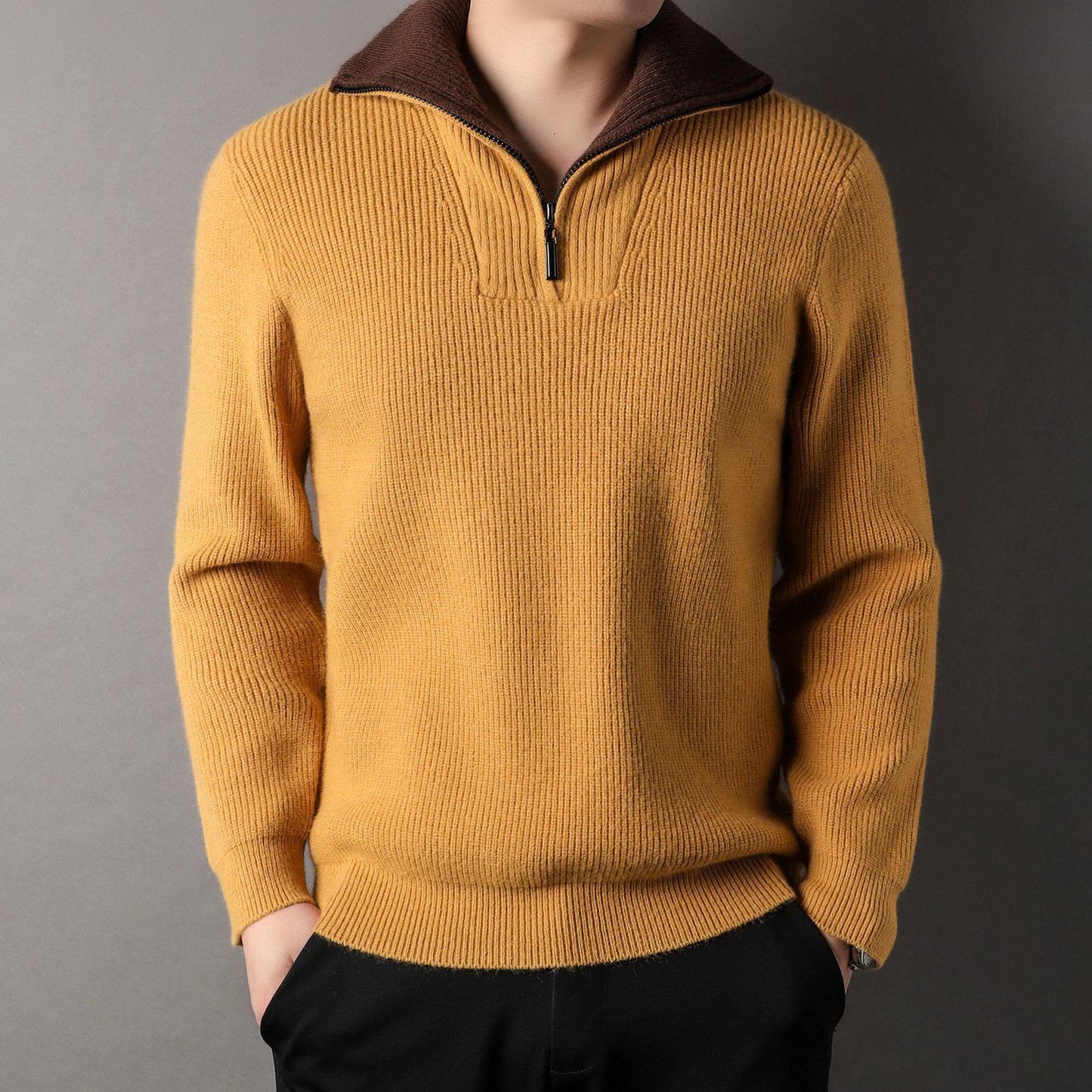 Lockere Strickjacke aus Wolle Rippenstrick Hochkragen Reißverschluss