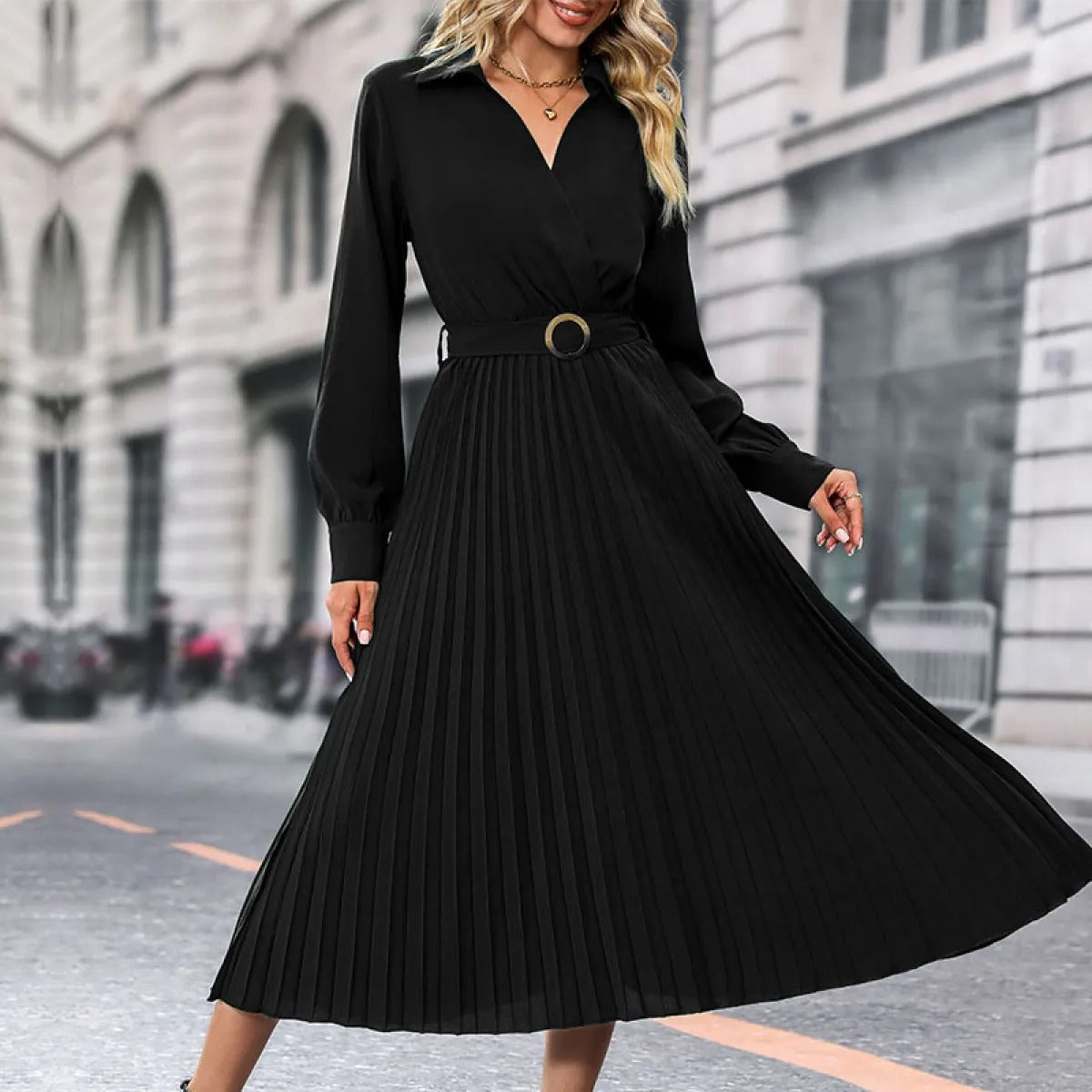 Abendrobe V-Ausschnitt Goldener Gürtel Elegant Schwarz - Norvielle