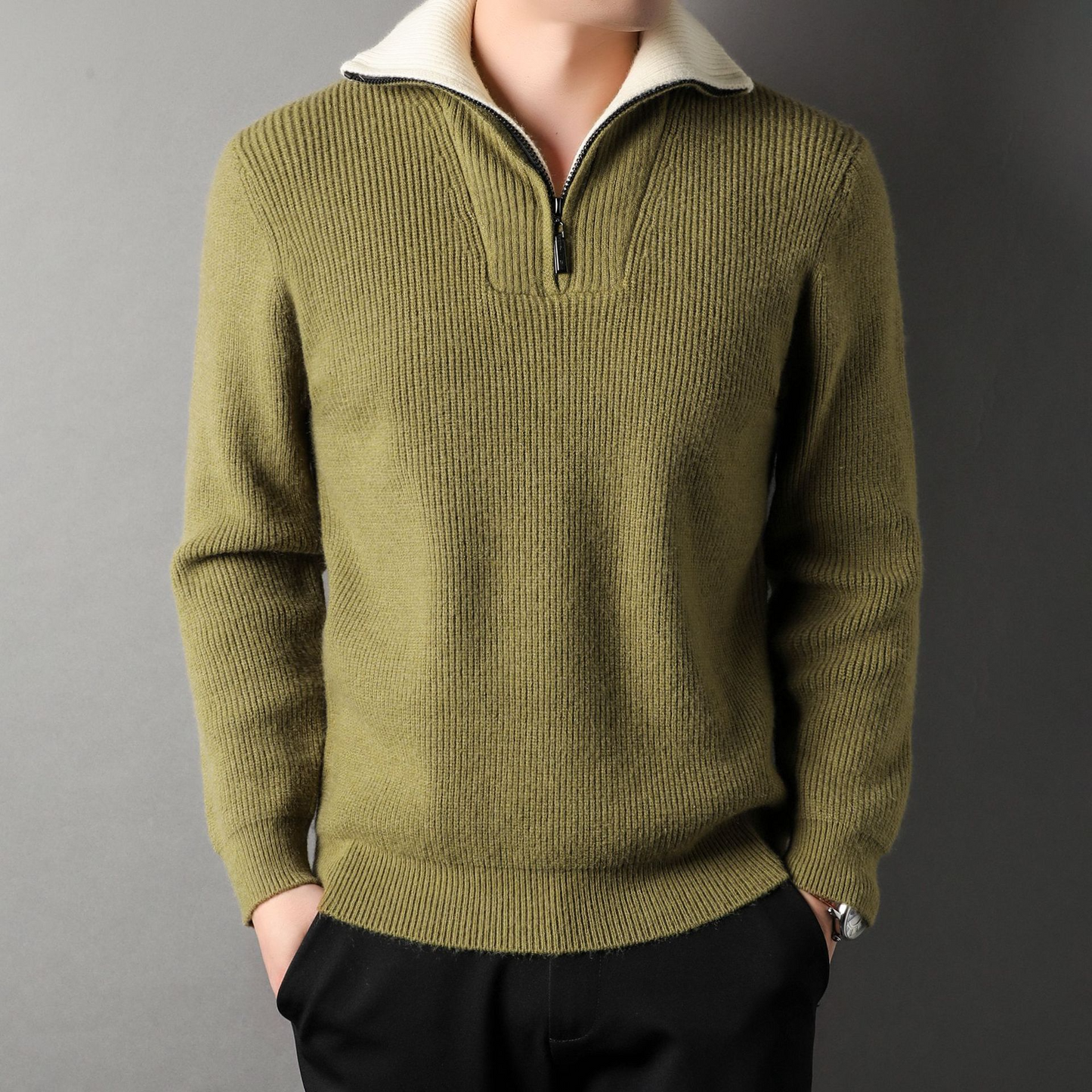 Lockere Strickjacke aus Wolle Rippenstrick Hochkragen Reißverschluss