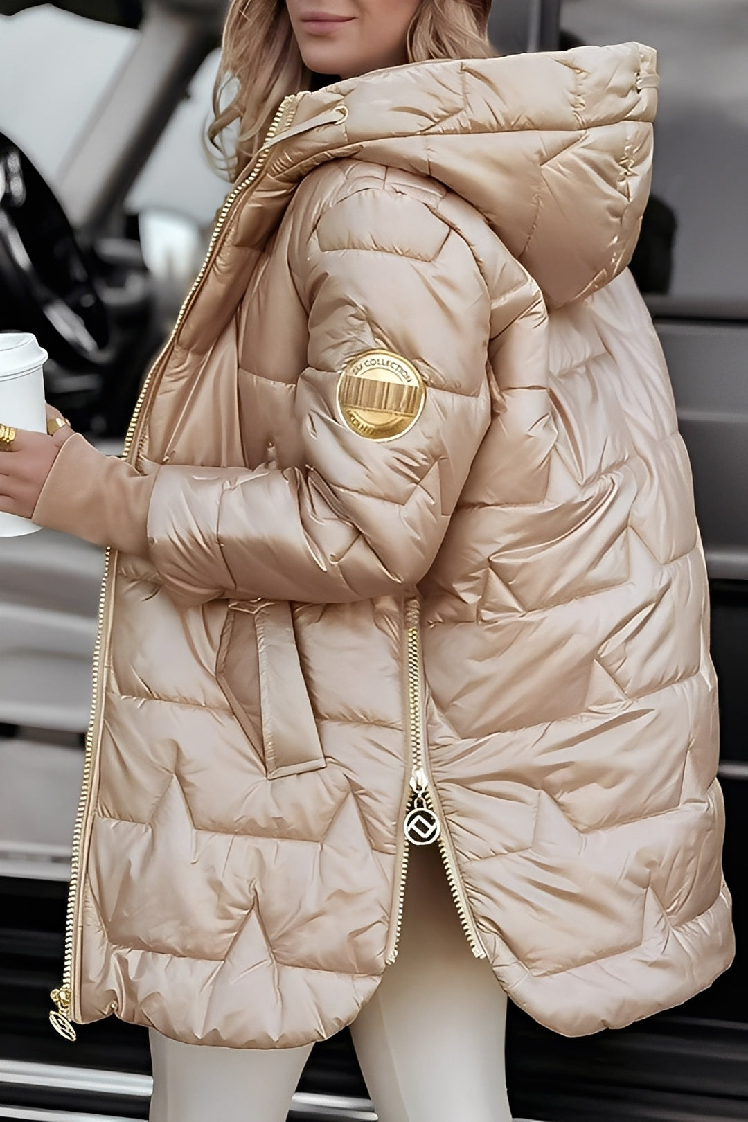 Damen Daunenmantel Elegent Lang Mit Kapuze Schwarz - Norvielle