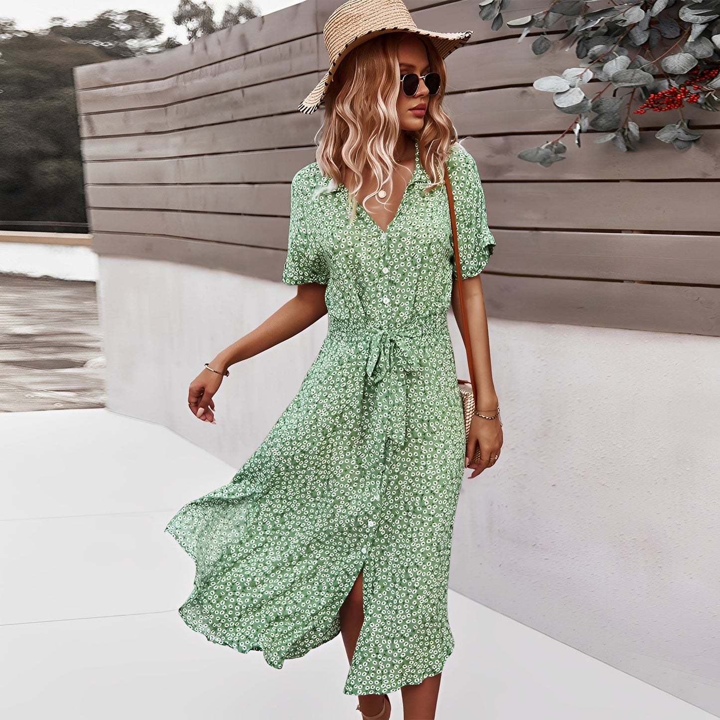 Damen Midikleid Blumenmuster Elegant Sommerkleid