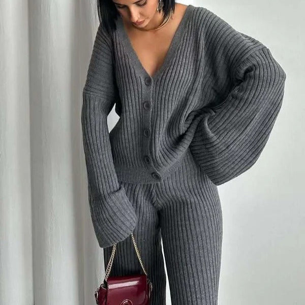 Weites Damen-Loungewear-Set Rippstruktur Gestrickt Bequem - Norvielle