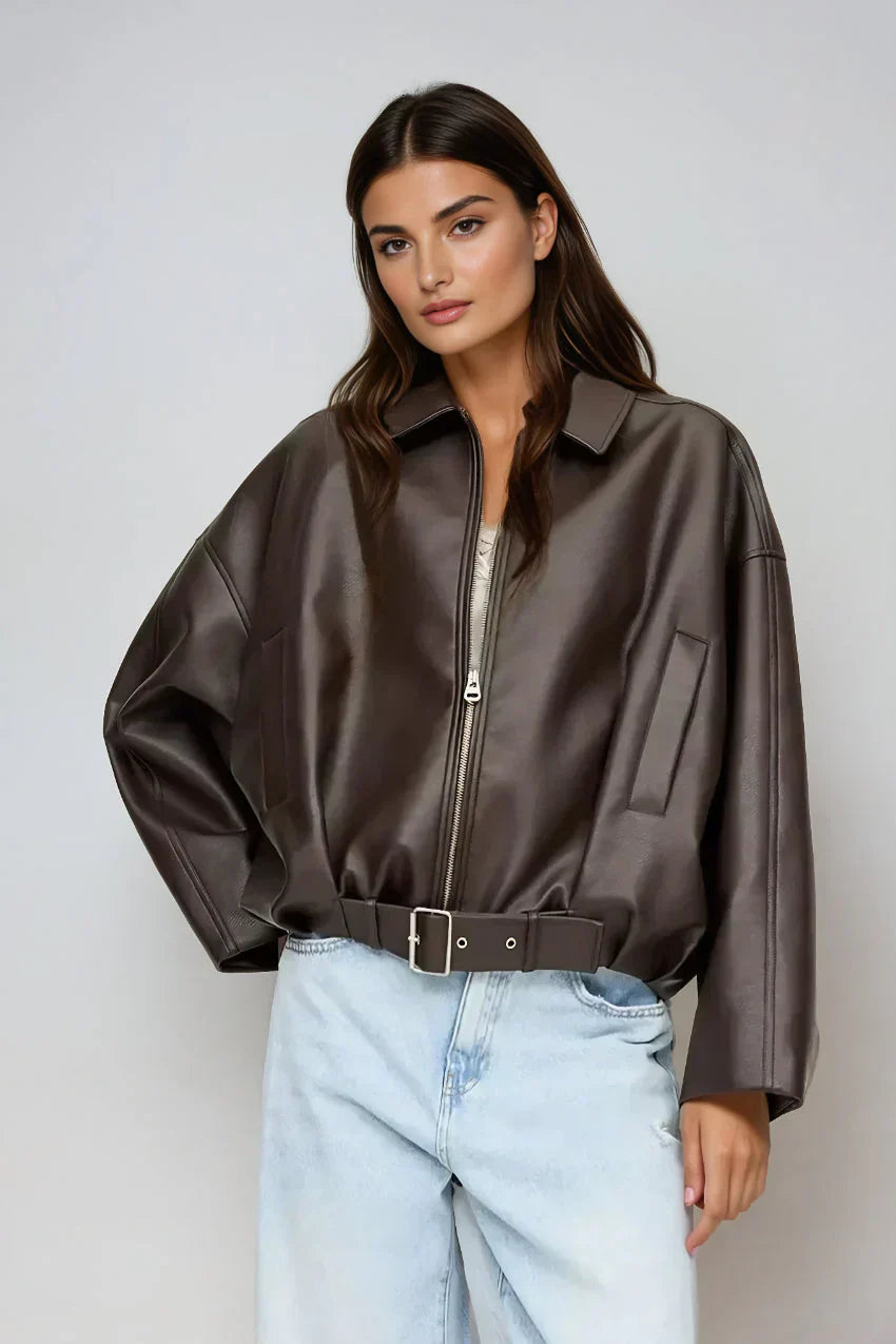 Damen Oversized Lederjacke Vegan Reißverschluss Schwarz - Norvielle