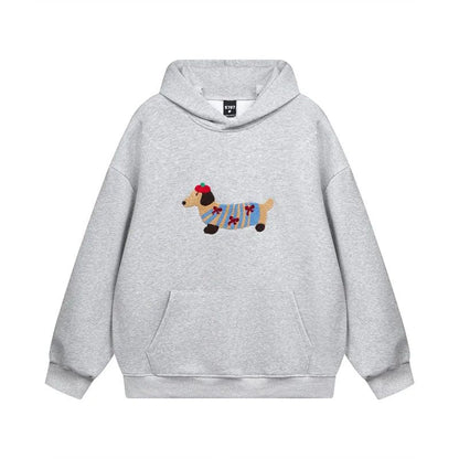 Grauer Hoodie mit Dackel-Stickerei Rückseite
