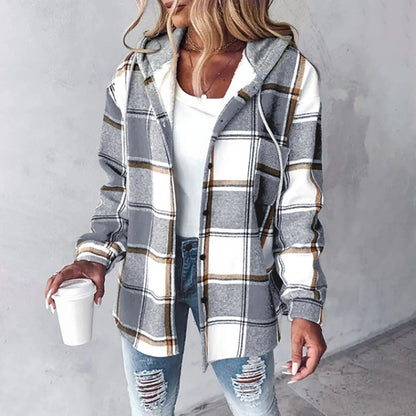 Damen Karo Hoodie Jacke Warme Winterjacke