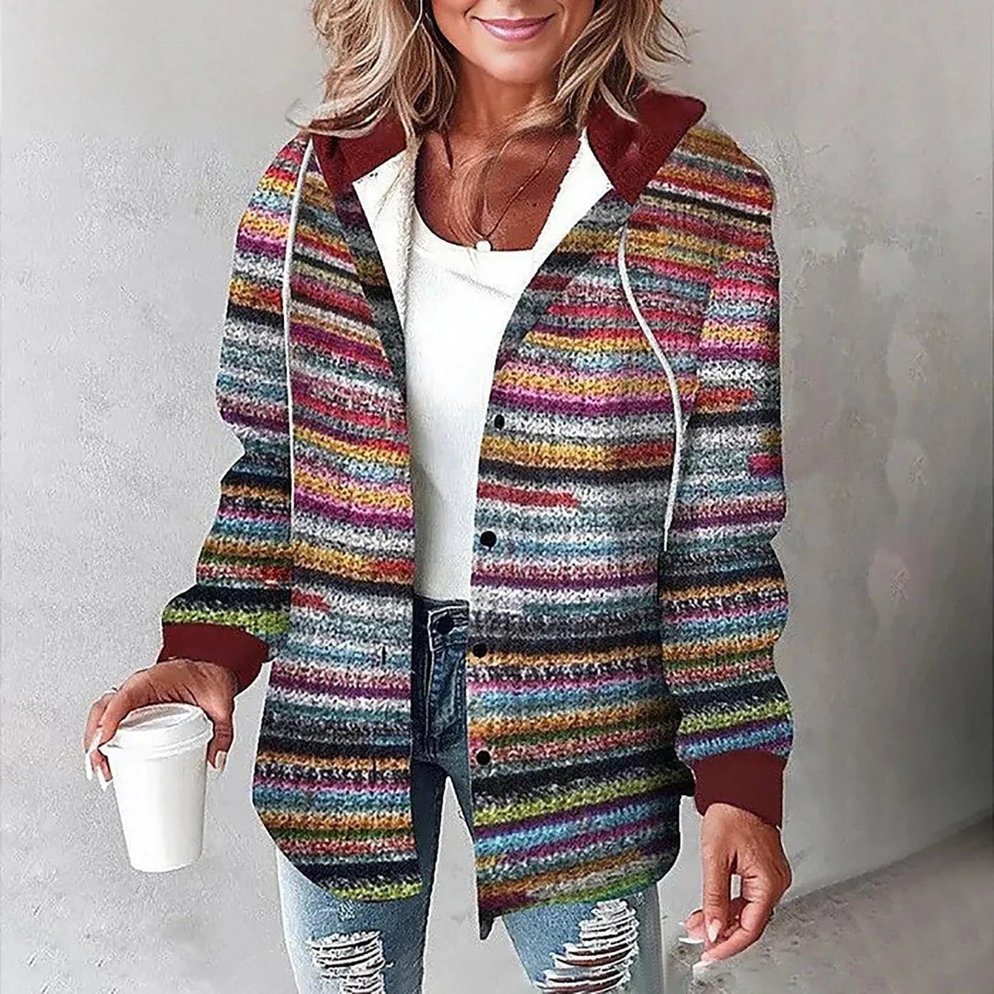 Damen Karo Hoodie Jacke Warme Winterjacke