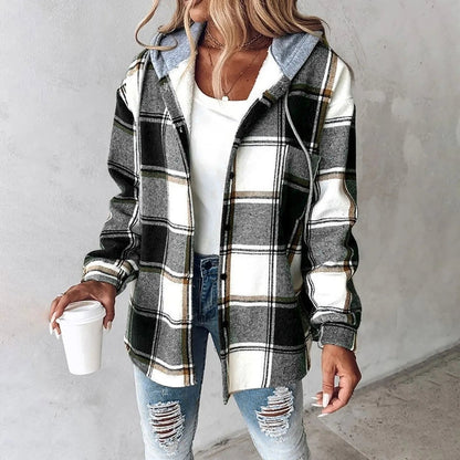 Damen Karo Hoodie Jacke Warme Winterjacke