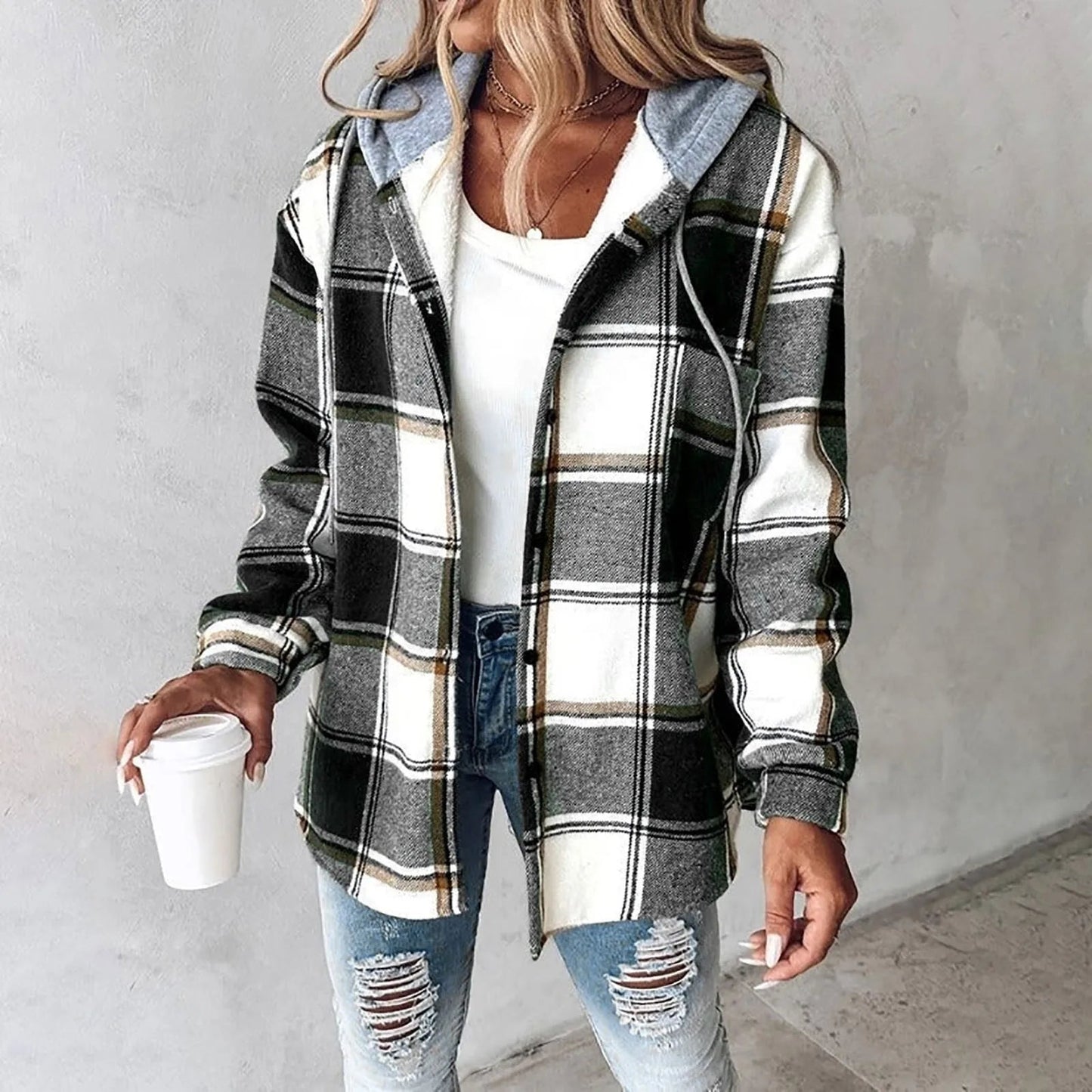 Damen Karo Hoodie Jacke Warme Winterjacke
