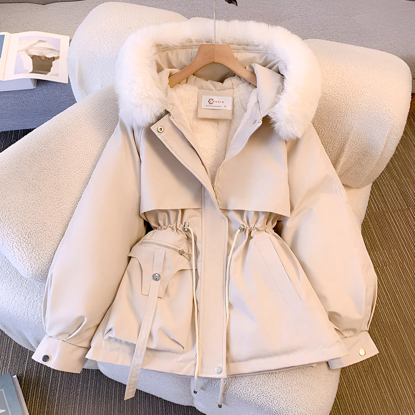 Damen Winterparka Warm mit Kunstfell-Kapuze Schwarz - Norvielle