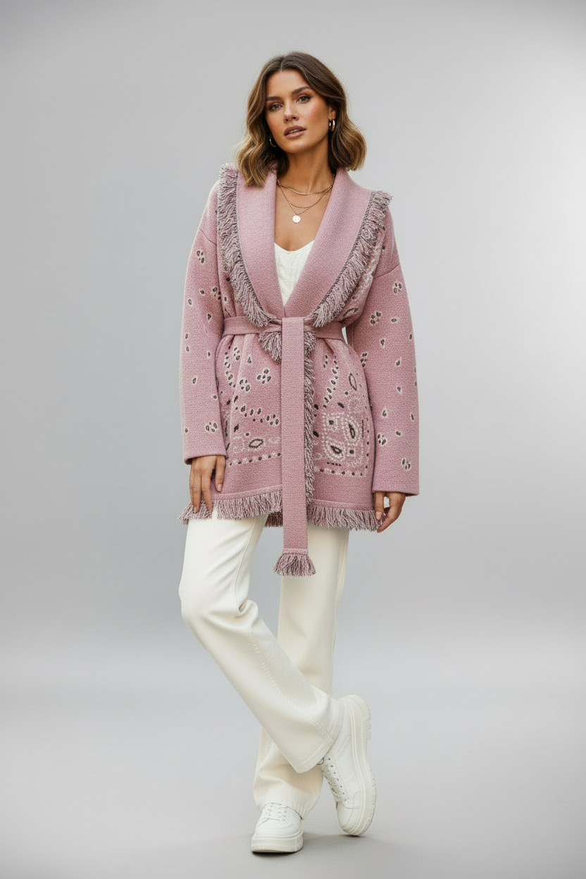 Damen Strickcardigan Warm mit Fransen und Muster