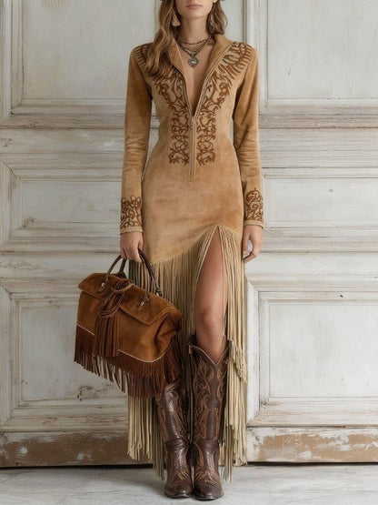 Damen Maxikleid Langarm Fransen Boho Stil