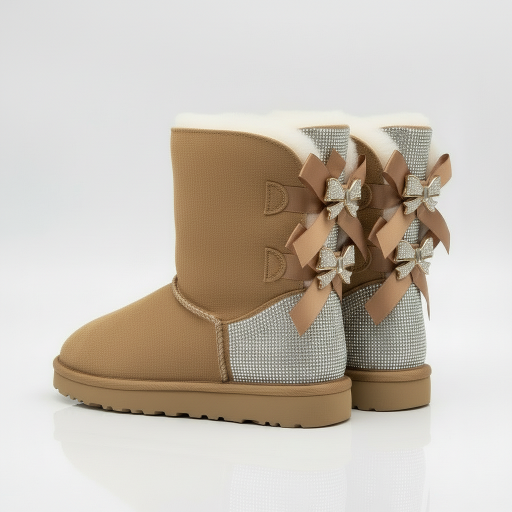 Damen Winterstiefel Wildleder Glitzer Schleife - Norvielle
