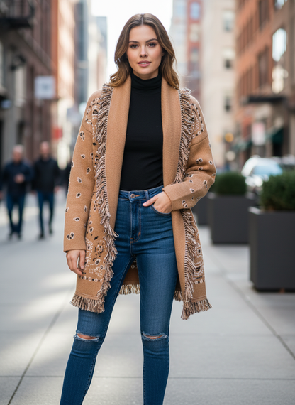 Damen Strickcardigan Warm mit Fransen und Muster