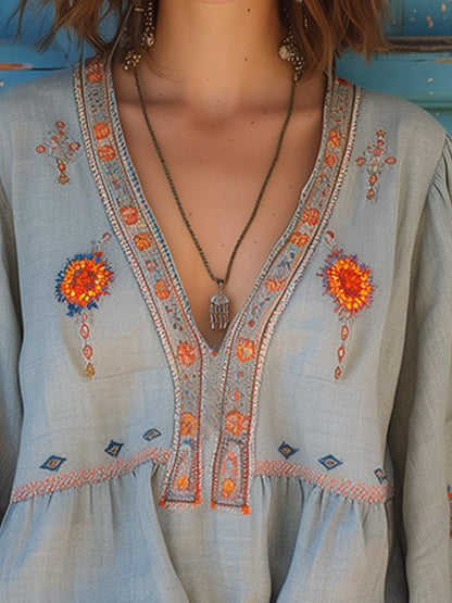 Damen Sommerbluse Boho Bestickt Leicht