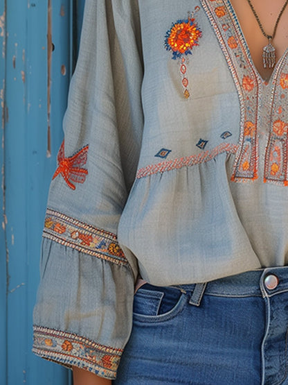 Damen Bluse Boho V-Ausschnitt Stickerei