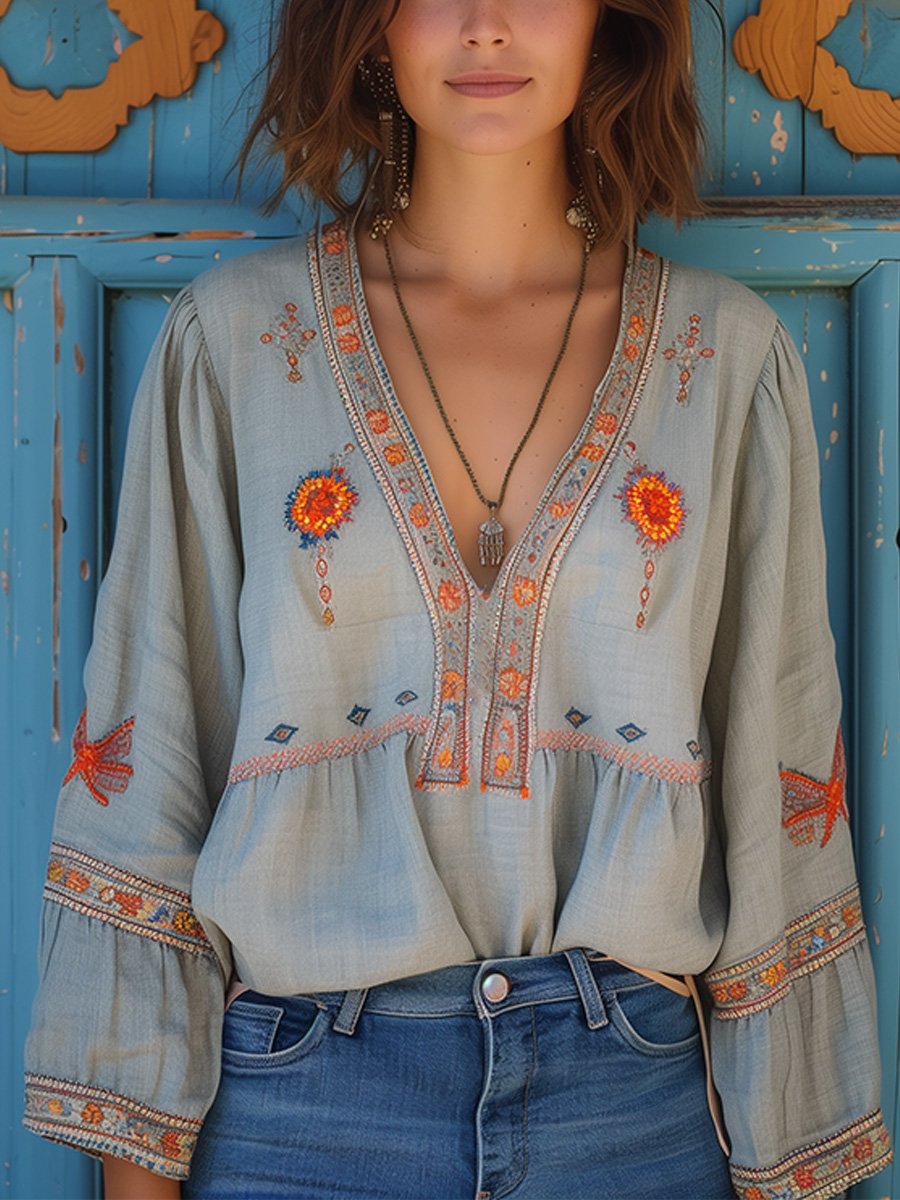 Damen Bluse Boho V-Ausschnitt Stickerei - Norvielle