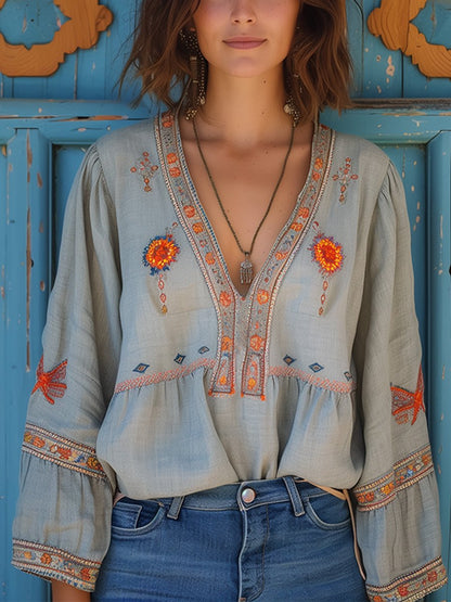 Damen Bluse Boho V-Ausschnitt Stickerei - Norvielle