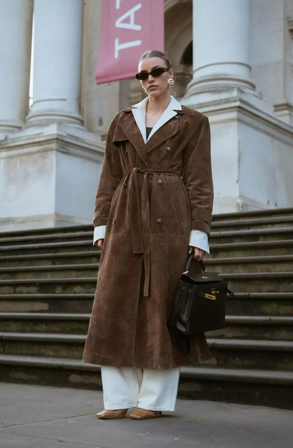 Damen Leder-Trenchcoat Lang Wildleder