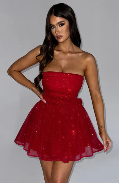 Damen Minikleid Schulterfrei Glitzerrock Partykleid