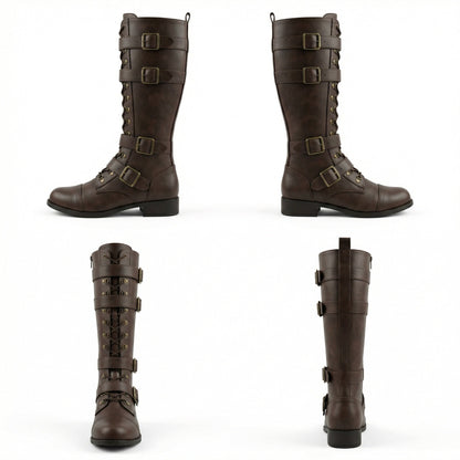 Damen Steampunk Stiefel Leder Vintage Braun