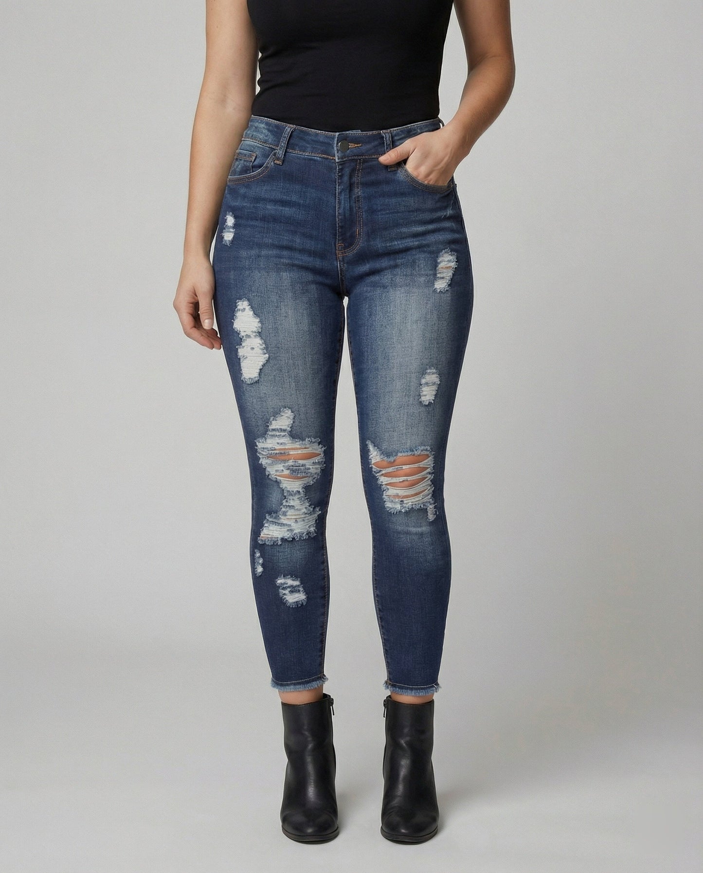Damen Highwaist Jeans Destroyed Dunkelblau - Norvielle