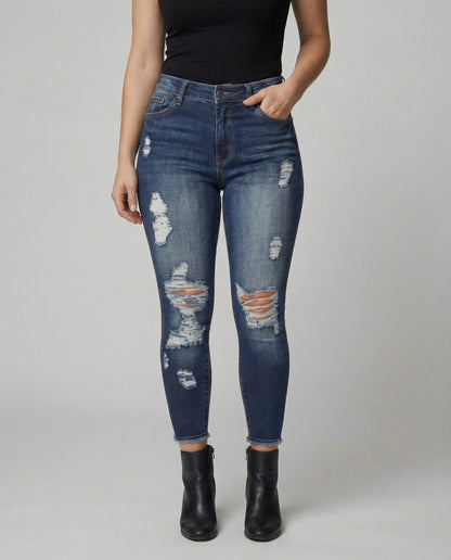Damen Highwaist Jeans Destroyed Dunkelblau - Norvielle